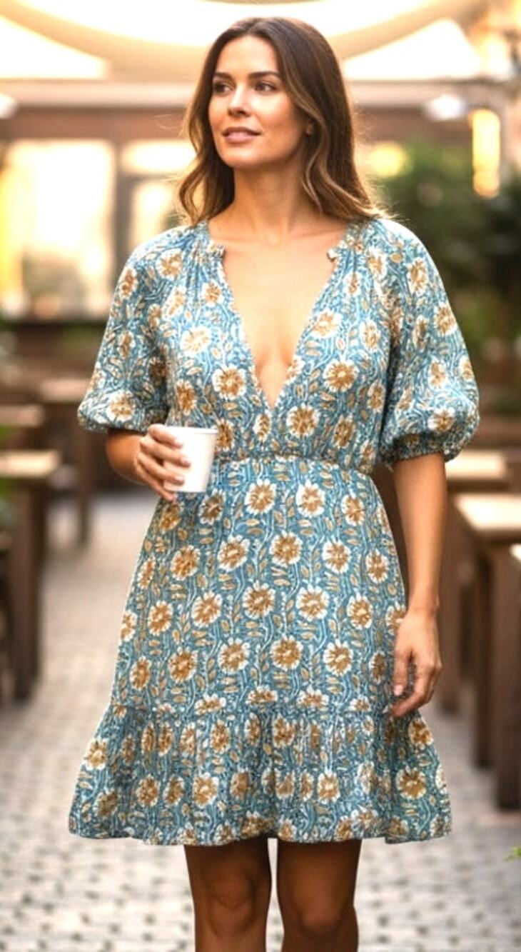 Oliphant Smocked Drop Mini Dress Green Gold V-Neck Indian Cotton Size XS